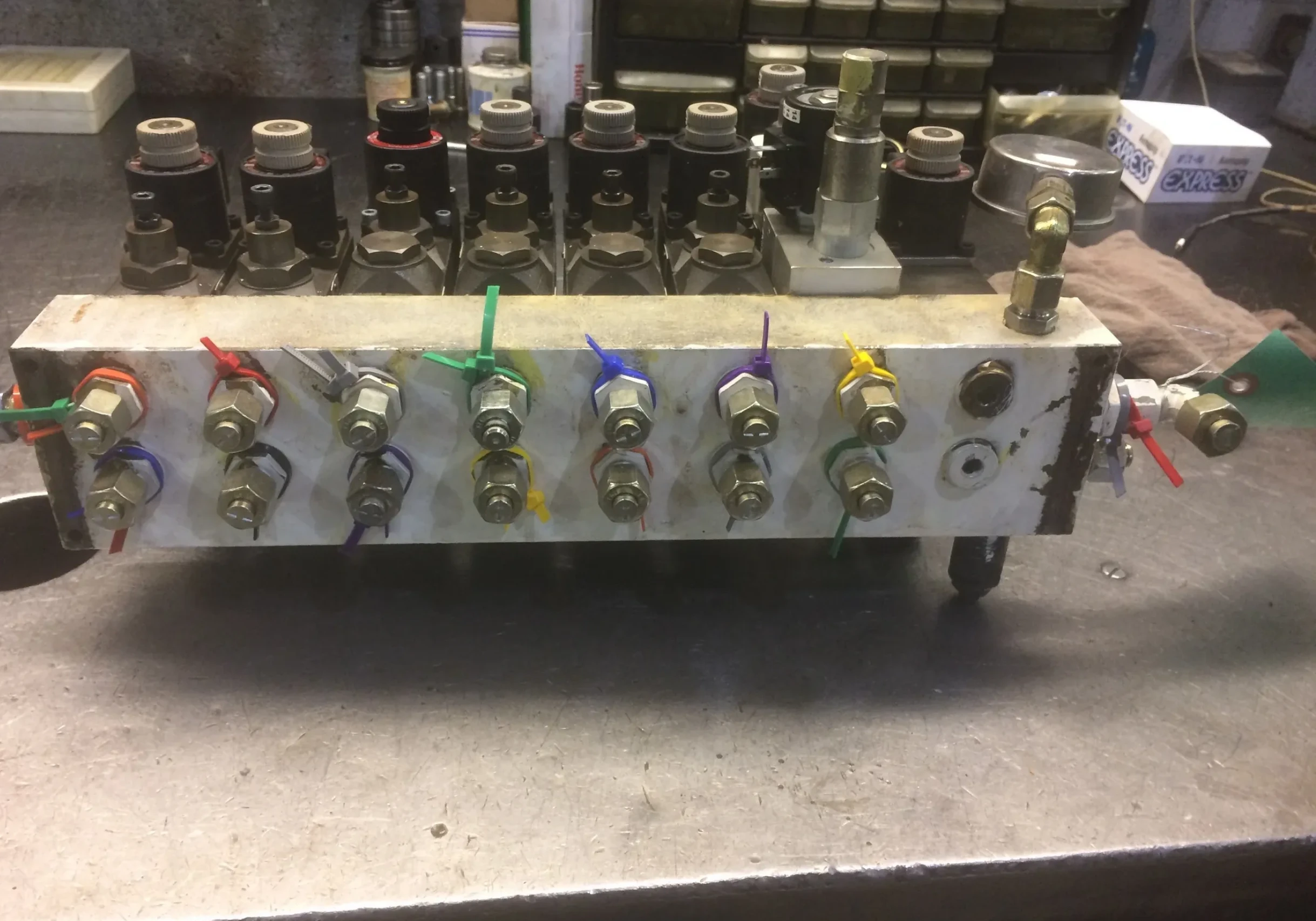 Industrial hydraulic valve system on table